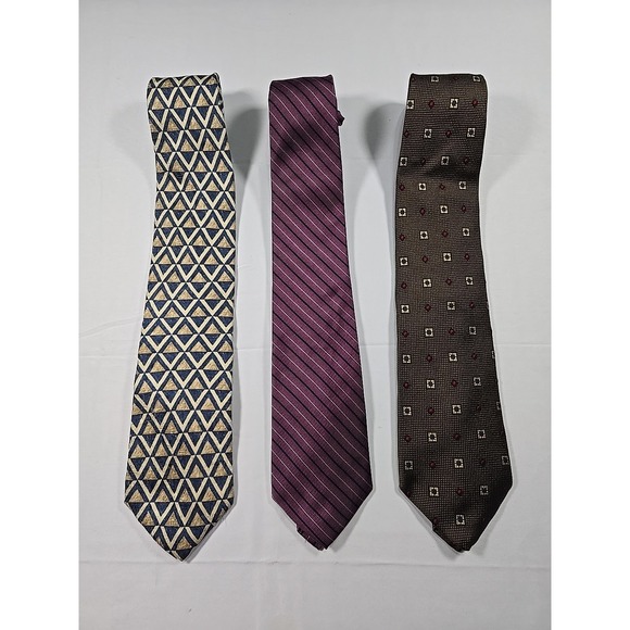 Tie Lot Of 3 Lands End Stripe Geometric 100% Silk Men's Purple Tan Red Black